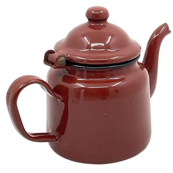 Brown Tea Pot With Hinged Lid Small Enamelware Vintage Farmhouse Decor - Picture 3 of 9